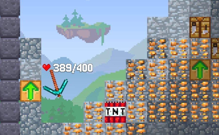 Falling Pickaxe shaft with copper ore, a TNT block, green upgrade arrows and two workbenches