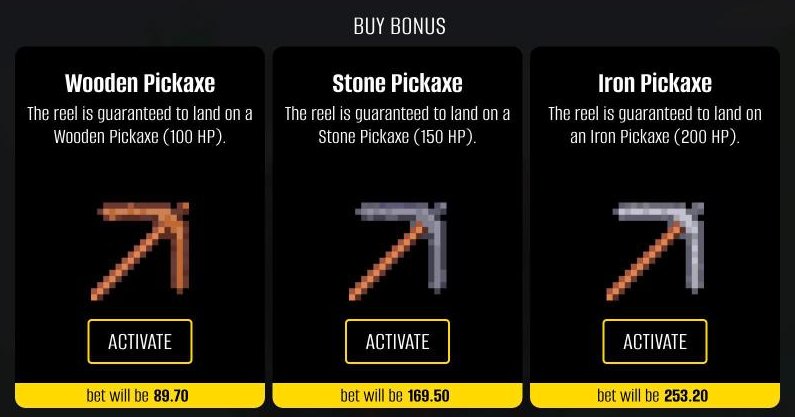 Falling Pickaxe Buy Bonus menu: Wooden for 89.70, Stone for 169.50 and Iron for 253.20 at a base bet of 30