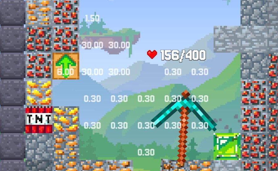 Falling Pickaxe: a diamond pickaxe falls through copper, redstone and gold blocks, with block values shown on screen