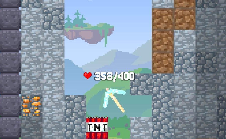 A diamond pickaxe falling past a TNT block and copper ore in Falling Pickaxe on a desktop screen